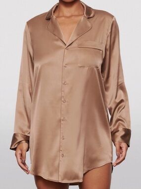 Skims Silk Button Up Night Dress XL Sienna Brown Lounge Pajama Slinky Chic Rare